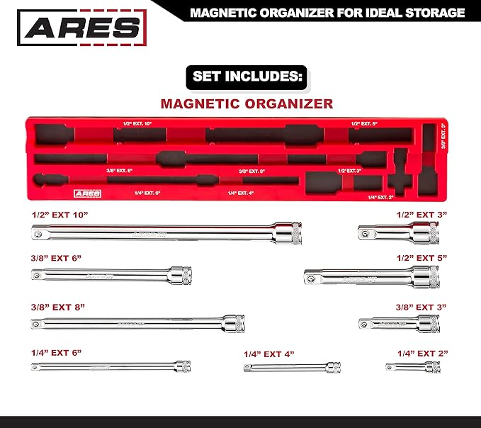 ARES 70753-9-Piece Extension Bar Set - Includes 1/4-inch, 3/8-inch, and 1/2-inch Drive Extension Bars - Magnetic Organizer for Ideal Storage