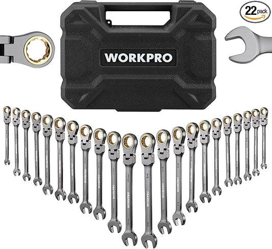 WORKPRO 22-Piece Flex-Head Ratcheting Wrench Set, Ratchet Combination Wrench Sets with Organizer Box, Nickel Plating, 72 Teeth, Metric 6-18mm & SAE 1/4-3/4"