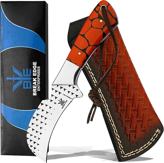 Farrier Rasp Steel Hawkbill Knife, Fixed Blade Full Tang, Leather Sheath, Wire Skinning Utility Knife for Lineman