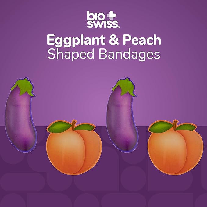 BioSwiss Funny Bandages, Eggplant and Peach Shaped Adult Novelty Self Adhesive Bandage Set, Latex Free, Sterile Wound Care, 24 Count
