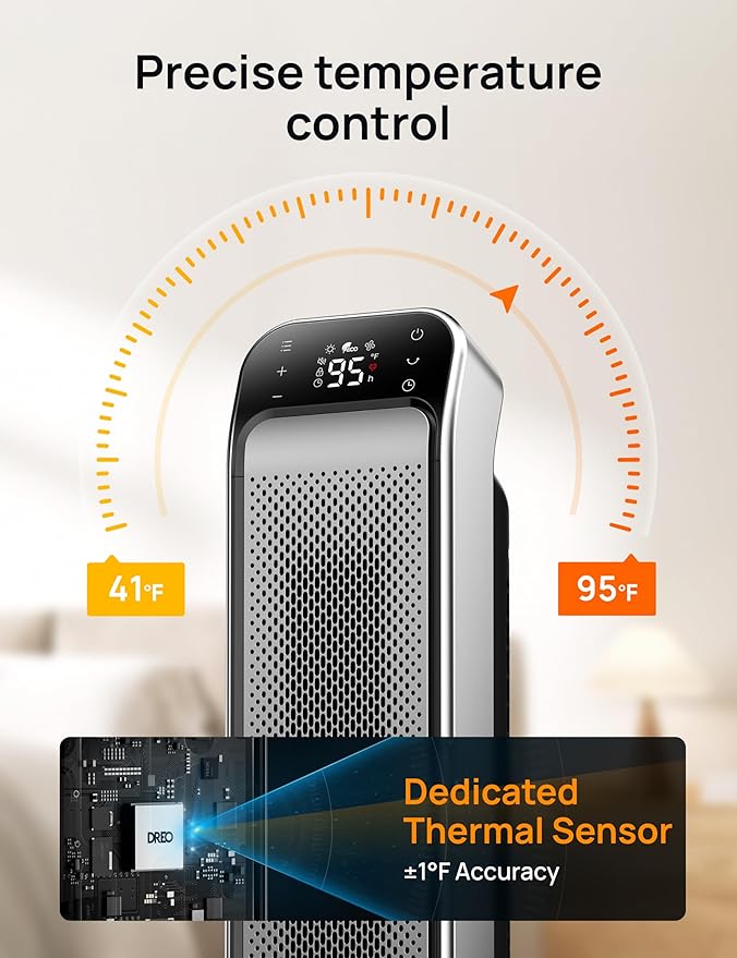 Dreo Space Heater Indoor, 25" 11.5ft/s Fast Portable Room Heater with Remote and Thermostat, 3 Modes, Overheating & Tip-Over Protection, Electric Heaters for Indoor Use Large Room, Bedroom, Silver