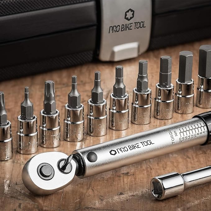 PRO BIKE TOOL Adjustable Torque Wrench Set - High-Precision 1/4 Wrench with 2-20 Nm Range - Complete Bike Tool Kit with Hex, Torx Bits, and Case for Easy Storage