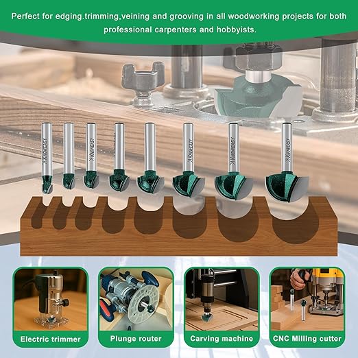 Knoweasy 8-Piece Cove Box Router Bit Set with 1/4 Inch Shank, Solid Carbide Round Nose Bits for Woodworking, Includes 1/4, 5/16, 3/8, 1/2, 5/8, 3/4, 7/8 and 1 Inch Cutting Diameters