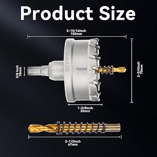 Hole Saw 2-3/4" (70mm) Heavy Duty Carbide with 2 Pilot Drill Bits - Metal Hole Cutter Cuts Stainless Steel, Iron, Copper, Brass, Plastic