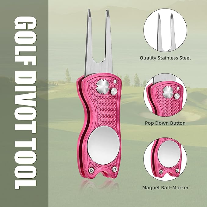 Mile High Life Golf Divot Repair Tool, All Metal Foldable Divot Tool with Pop-up Button & Magnetic Ball Marker, 2-6 Pack