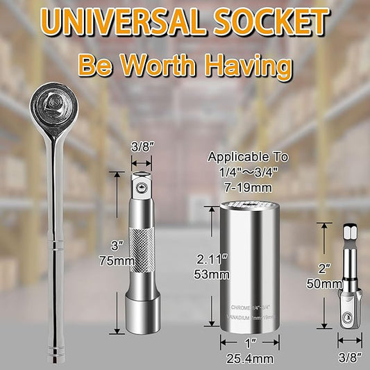 Universal Socket Wrench Tool set (7-19mm) Multi-Function Professional Super Socket Tool Sets unscrew any bolt with Power Drill Adapter and 3/8 inch Ratchet wrench