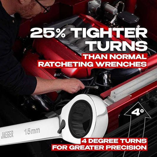 Jaeger 15 mm Reversible TIGHTSPOT 12-Point Ratcheting Combination Wrench, Tight Spaces, 90-Tooth