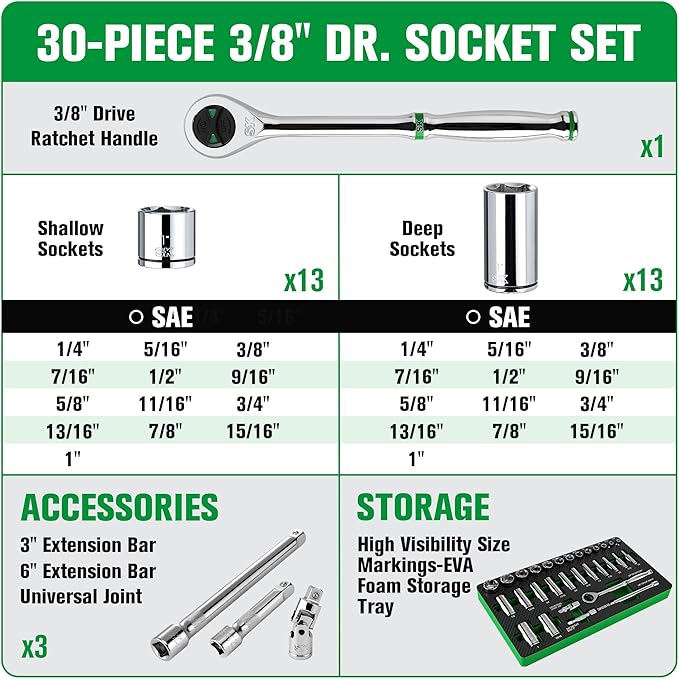 SK 3/8" Drive Socket Set with 160-P Ratchet, 30-Piece, SAE, SuperKrome Finish, Premium CR-V Construction, with EVA Foam Tool Organizer