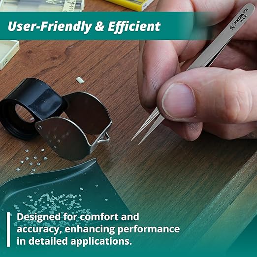 Excelta Ultra Fine Point Tweezers, Mini Straight Tapered for Microscopy, 3.13" Anti-Magnetic Stainless Steel, Professional