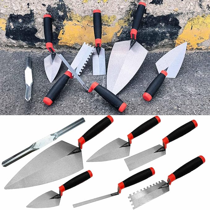 7 PCS Bricklaying Knife Tool Set, Pointed Knife And Flat Serrated Knife Set, Brick Joint Slotting Tool, Rubber Handle, Concrete, Cement, Mortar, Tile, Bricklaying And Putty Knife