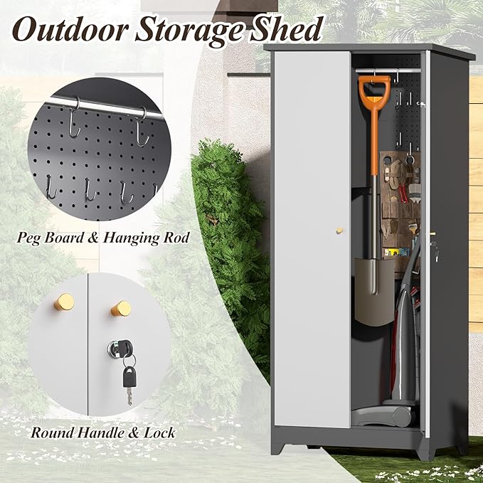 GREATMEET 72.8" Outdoor Broom Storage Cabinet, Waterproof Outdoor Shed, Metal Storage Cabinets for Cleaning Supplies with Slanted Roof, Utility Closet, Broom Mop Cabinet, Grey&White