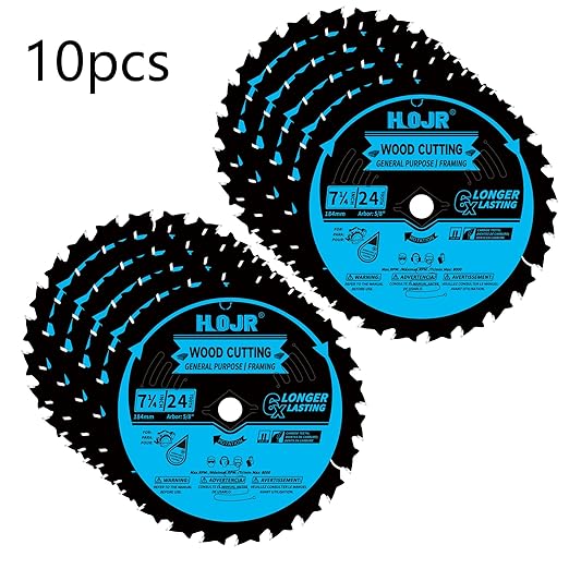 10-Pack 7-1/4 Inch 24-Tooth 5/8" Arbor Woodworking Circular Saw Blade,Framing/General Purpose Wood Cutting Saw Blade,with Non-Stick Coating - TF, 7-1/4" 24T 5/8"