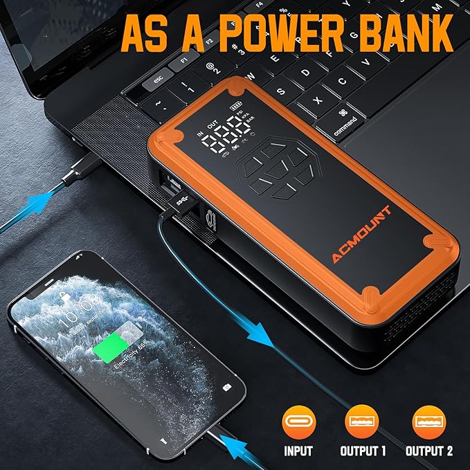 Jump Starter with Air Compressor, Acmount 5000A Car Battery Jump Starter with 150PSI Tire Inflator for Up to 9.0 Gas/8.0L Diesel, 12V Portable Jump Starter Box with LCD Display, Light (Orange&Black)