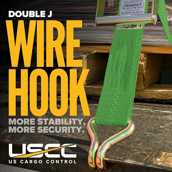 US Cargo Control Wire Hook Ratchet Straps 2 Inch x 30 Foot (2-Pack), 10,000 LBS Break Strength, Ratchet Straps Heavy Duty with Double J Hooks, Green Cargo Tie Downs for Flatbed Trailers and Trucks