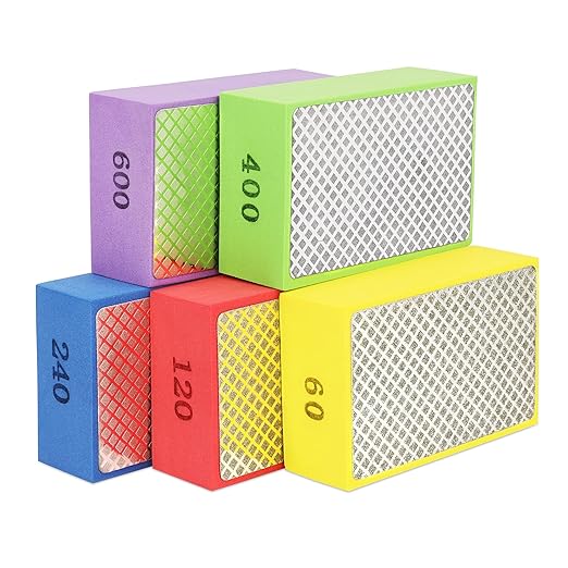 5PCS Diamond Polishing Pads Grit 60# 120# 240# 400# 600#, Wet & Dry Diamond Sanding Pads for Ceramic Tile Metal Marble Glass Granite Wood Stone, Hand Sanding Block Foam Backing