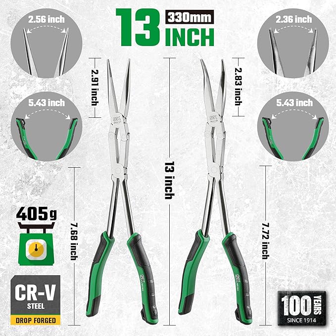 SK 2-Piece Double Compound Long Reach Pliers Set, 13-Inch Straight Long Nose Pliers, 45째 Bent Nose, with Comfort Grips, Premium CR-V Steel Construction
