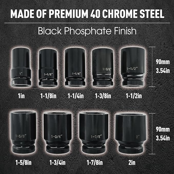 1 Inch Drive Deep Impact Socket Set, 9 Pieces Jumbo Impact Socket Sets, SAE 1" to 2", Chrome Steel, 6-Point Design, Metal Case