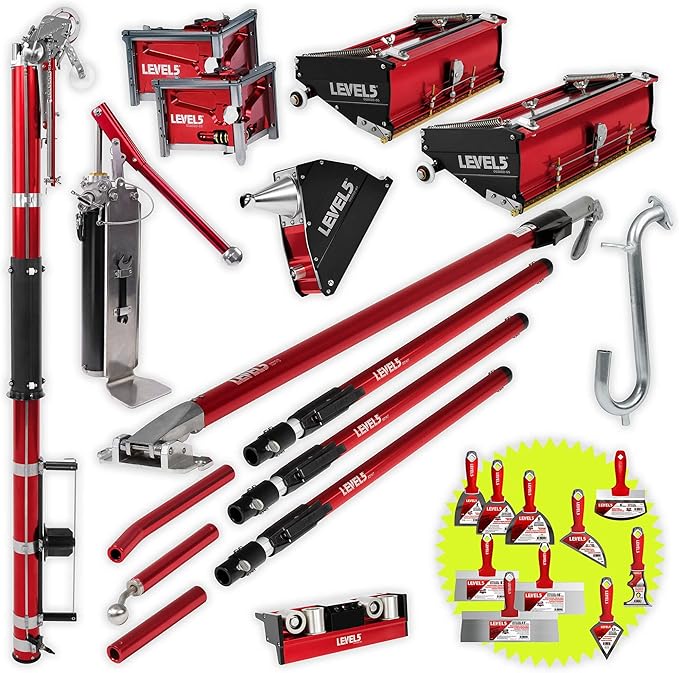 Full Drywall Taping and Finishing Set - LEVEL5 | Automatic Taper, 10??12" Flat Boxes, 3??3.5??Angle Heads, 7??Corner Applicator Box, Corner Roller, Extendable Handles, Pump, Gooseneck | 4-621