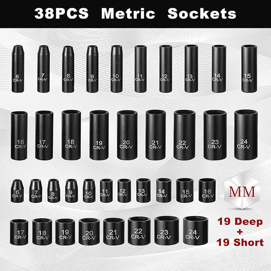 Aloanes 3/8" Drive Impact Socket Set, 64-Piece Deep & Shallow SAE (5/16"-1") & Metric (6mm-24mm) Sockets, 72-Tooth Ratchet Wrench, Universal Joint&Power Drill Adapter&Extension Bars