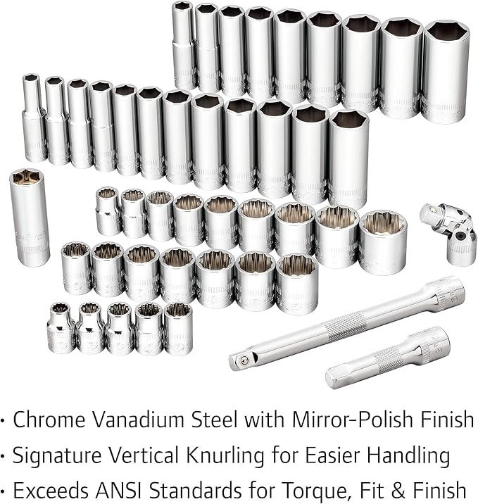 Ingersoll Rand 68 Piece 3/8-Inch Drive Metric/SAE Mechanics Tool Set, 72 Tooth Seal Headed Ratchet Handle, Chrome-Vanadium Steel Shallow/Deep Sockets, Universal Joint Socket - 752018