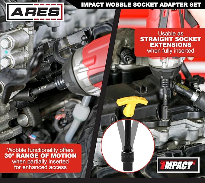ARES 22046 ??3-Piece 3-Inch Impact Wobble Extension Set - 1/4-Inch, 3/8-Inch, and 1/2-Inch Drive Wobble Extensions Offer 30-Degree Range of Motion for Enhanced Access ??Includes Extension Holder