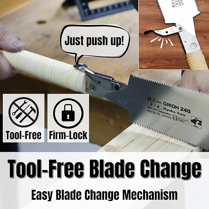 KAKURI Japanese Pull Saw 9.5" for Woodworking - Ryoba Double Edge Hand Saw with Blade Cover, Cane-Wrapped Handle, Tool-Free Blade Replacement - Made in Japan