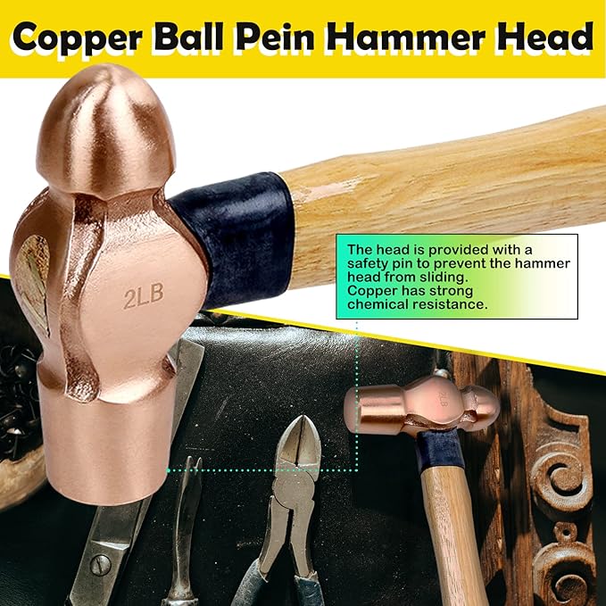 WEDO Copper Ball Peen Hammer 24 oz(1-1/2lb), Ball Pein Hammer with Wooden Handle, Length 325mm(13"), Die-Forged, Corrosion Resistant, DIN Standard