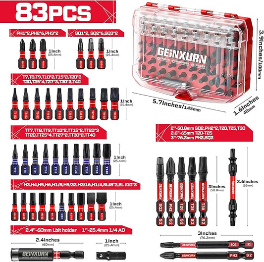 83Pieces Impact Screwdriver Bits Set, S2 Steel Magnetic Phillips/Slotted/Square/Torx/Hex Muliti Insert Power Bits Tips Set with Impact Bit Holder and Socket Adapter(Red Storage Box Case)