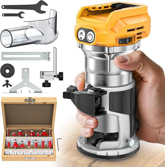 Cordless Compact Router Compatible with DeWalt 20V Battery, With 15Pcs Router Bits 6 Variable Speeds for Woodworking, 800W Fixed Base Wood Router With Trim Bits, Edge & Roller Guide