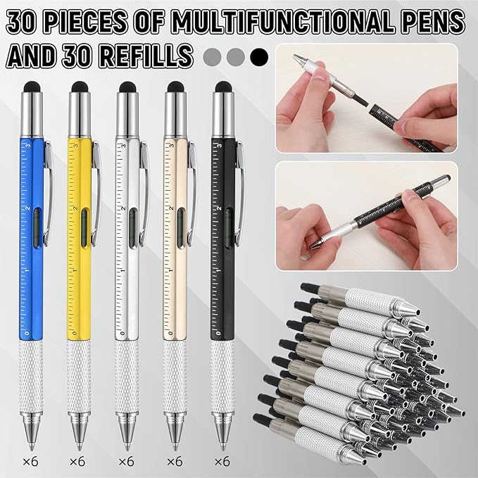 Yeaqee 30 Pcs Stocking Stuffers Bulk for Men 6 in 1 Screwdriver Multi Tool Pens with Refills Ruler Level Gauge for Party Favor Father's Christmas White Elephant Gifts (Vivid Color)