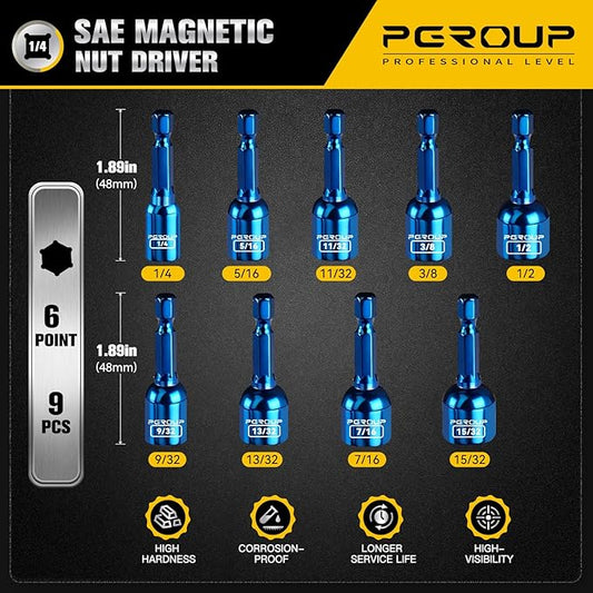 9 PCS Impact Magnetic Nut Driver Set, SAE (1/4??- 1/2?? Impact Driver Bit Set, 1/4 Inch Hex Shank Drill Socket Set, Nut Driver Set For Impact Drill