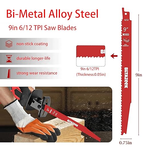 Bi-Metal Reciprocating Saw Blades 9 Inch 6/12 TPI, Durable Wood for Pruning, Auto Dismantling, and Woodworking, Premium Carbide Tipped Sawzall Blades, 25 Pack