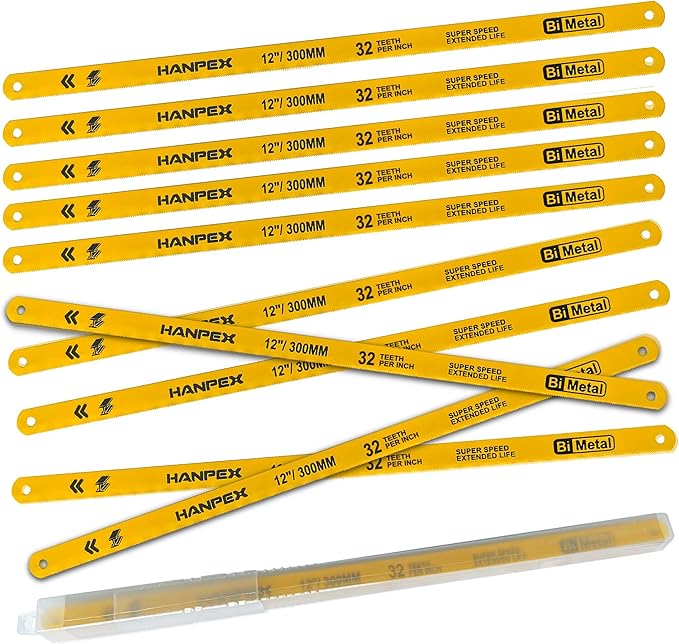 12in. High-Tension Hacksaw Frame with 10pcs 32TPI Extra Bi-metal Blades, Hand Saw Suitable for Metal, wood, PVC, Carpentry