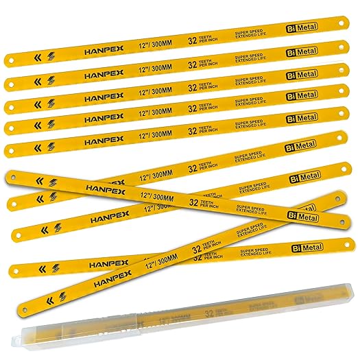 Hacksaw Replacement Blades (10 Pack) High Speed 32 TPI - 12" Length Hack Saw Blade - Bi-Metal HSS Cutting Blades