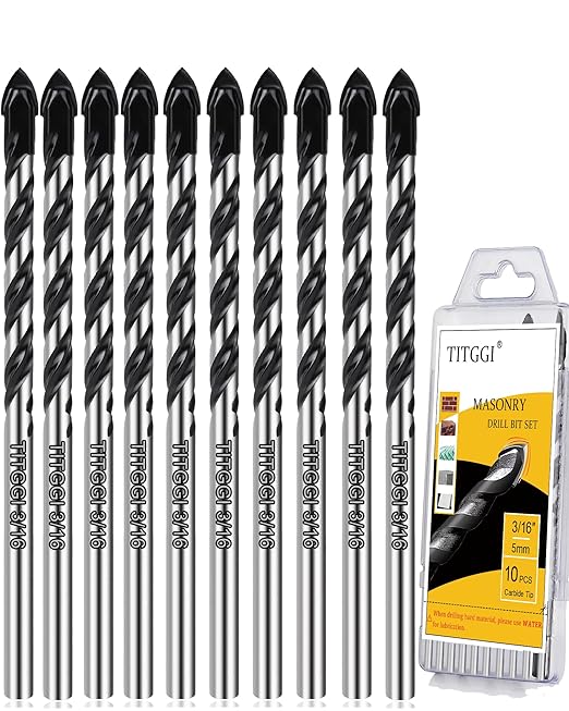 TITGGI 3/16" (10PCS) Masonry Drill Bit Set & Cement Drill Bits, Professional Concrete Drill Bit Set for Glass/Brick/Plastic/Cement/Wood/Tile/Etc, Industrial Strength Carbide Drill Bit Tip