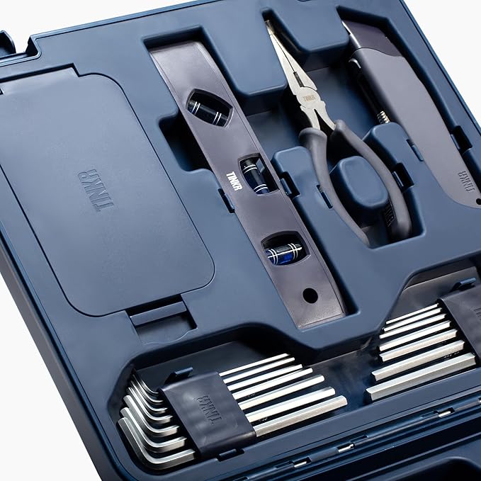 TINKR Modern Tool Box Workstation ??Full Tool Set with Hammer, Ratchet Screwdriver, Allen Keys, Wrench, Knife, Tape Measure, Level, Pliers & Phone Holder