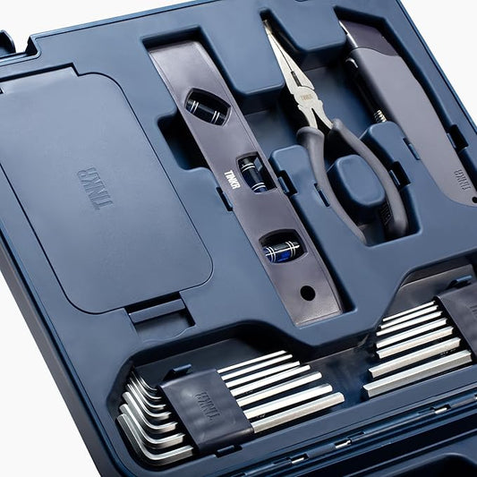 TINKR Modern Tool Box Workstation ??Full Tool Set with Hammer, Ratchet Screwdriver, Allen Keys, Wrench, Knife, Tape Measure, Level, Pliers & Phone Holder