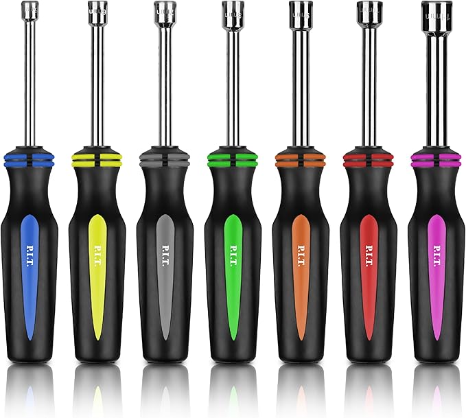 P.I.T. 7PC Metric Nut Driver Set,Solid Shaft Nut Drivers (5, 6, 7, 8, 9, 10,11 mm) For Tightening and Loosening Fasteners with Color Coded Nonslip Comfort TPR Hand Grips, Hex Deep Nut Driver Set