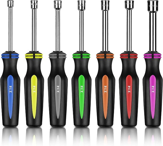 P.I.T. 7PC Metric Nut Driver Set,Solid Shaft Nut Drivers (5, 6, 7, 8, 9, 10,11 mm) For Tightening and Loosening Fasteners with Color Coded Nonslip Comfort TPR Hand Grips, Hex Deep Nut Driver Set