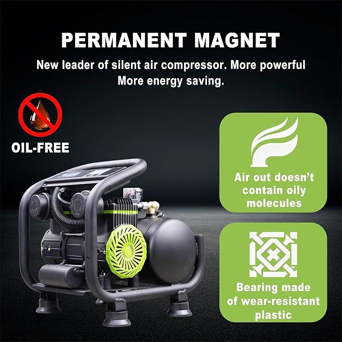 MZB Ultra Quiet Air Compressor 110V/60Hz MAX 115PSI Steel Tanks Oil-Free 70dB Noise Level Air Compressor with Wheels for Spray Painting, Auto Repair, Carpentry Decoration (1.6 Gallon)