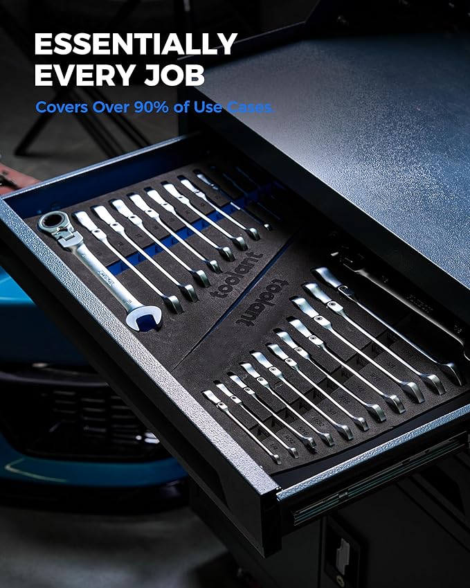 toolant 24pcs Ratcheting Wrench Set, Flex-Head Ratchet Combination Wrench Sets with Switch Design, 8-19mm & 1/4"-7/8", 90-Tooth and 4째Swing, 24PCS with Storage Tray