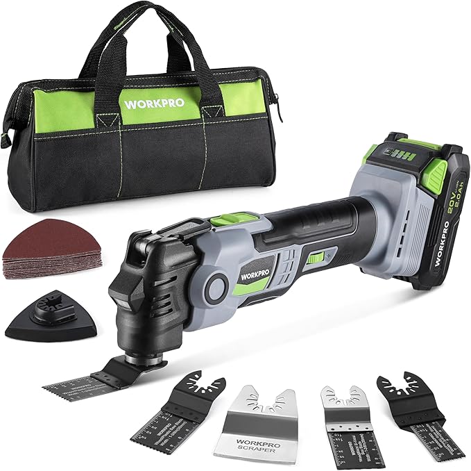 WORKPRO 20V Oscillating Tool Kit, Cordless and Brushless 19,000 RPM Orbiting Multi Tool with 6 Variable Speeds, 3.6째Oscillation Angle, 21pcs Saw Accessories, 1 Rechargeable Battery and Carrying Bag