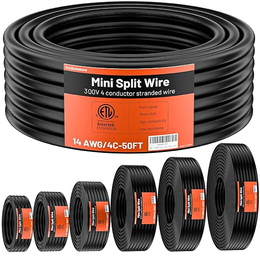 100% Pure Copper ETL Listed 14-4 Mini Split Cable | 14/4 Mini Split Communication Wire 50ft 300V Indoor/Outdoor for HVAC, Air Conditioner, Heat Pump & Speaker Systems