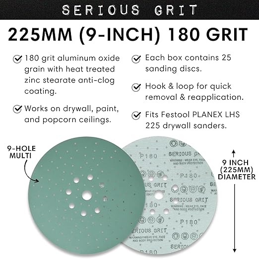 Serious Grit - 225mm 9-Hole 180 Grit Drywall Sanding Discs - Fits Festool Planex LHS 225 Sanders - Heavy-Duty Hook & Loop Film Abrasives - Dust-Free Multi-Hole Drywall Sander Sandpaper - 25 Pack