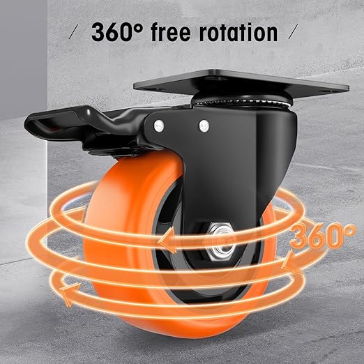 Casters, 3" Caster Wheels竊똂asters Set of 8 Heavy Duty - ASRINIEY Orange Polyurethane Castors, Top Plate Swivel Wheels, 8-Pack Industrial Casters with Brake, Locking Casters for Furniture and Workbench