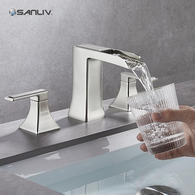 Brushed Nickel Bathroom Faucet, Sanliv Widespread Bathroom Faucet for 3-Hole Sinks 4-8 inch, 2-Handle Waterfall Vanity Faucets with Pop-Up Drain, Brushed Nickel