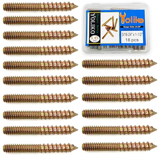 16 Pack 3/16-24x 1-1/2 Inch Hanger Bolts Double Headed Bolts for Furniture Screws 38.1mm Length