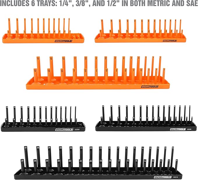 OEMTOOLS 22418 Socket Organizer Set, 6-Piece Holder Set Includes 1/4", 3/8", 1/2" Drive Metric SAE Socket Trays, Tool Box Organizer, Christmas Gift for Men(Sockets not Included)
