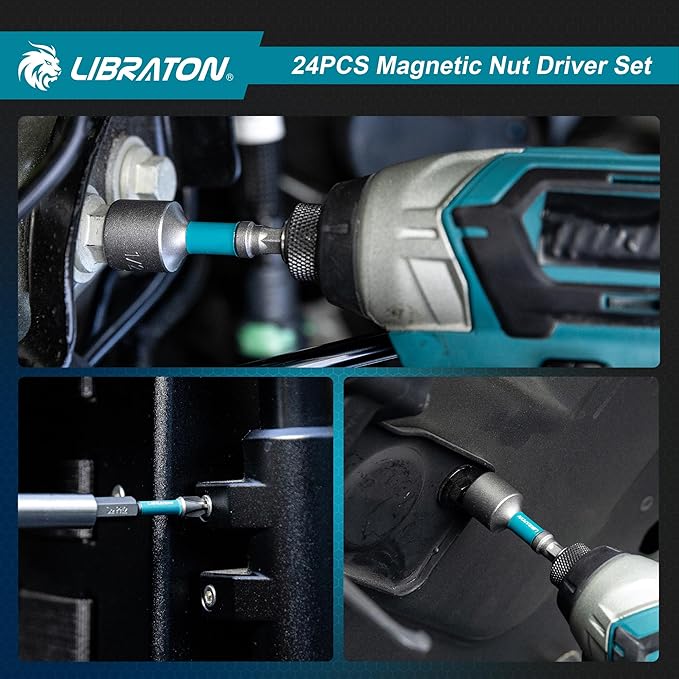 LIBRATON 24PCS Magnetic Nut Driver Set, Impact Drill Driver Bit Set 1/4", Metric and SAE Nut Drivers for Impact Drill, Impact Socket Adapters, Bit Holder, Screwdriver Bits, with Toolbox