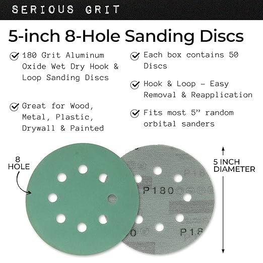 Serious Grit Sanding Discs 5 Inch 8 Hole 180 Grit - Heavy-Duty Hook & Loop Wet Dry Film Sandpaper Discs - Very Fine Sand Paper for Random Orbital Sanders - Wood, Automotive, Metal, etc - 50 Pack Box